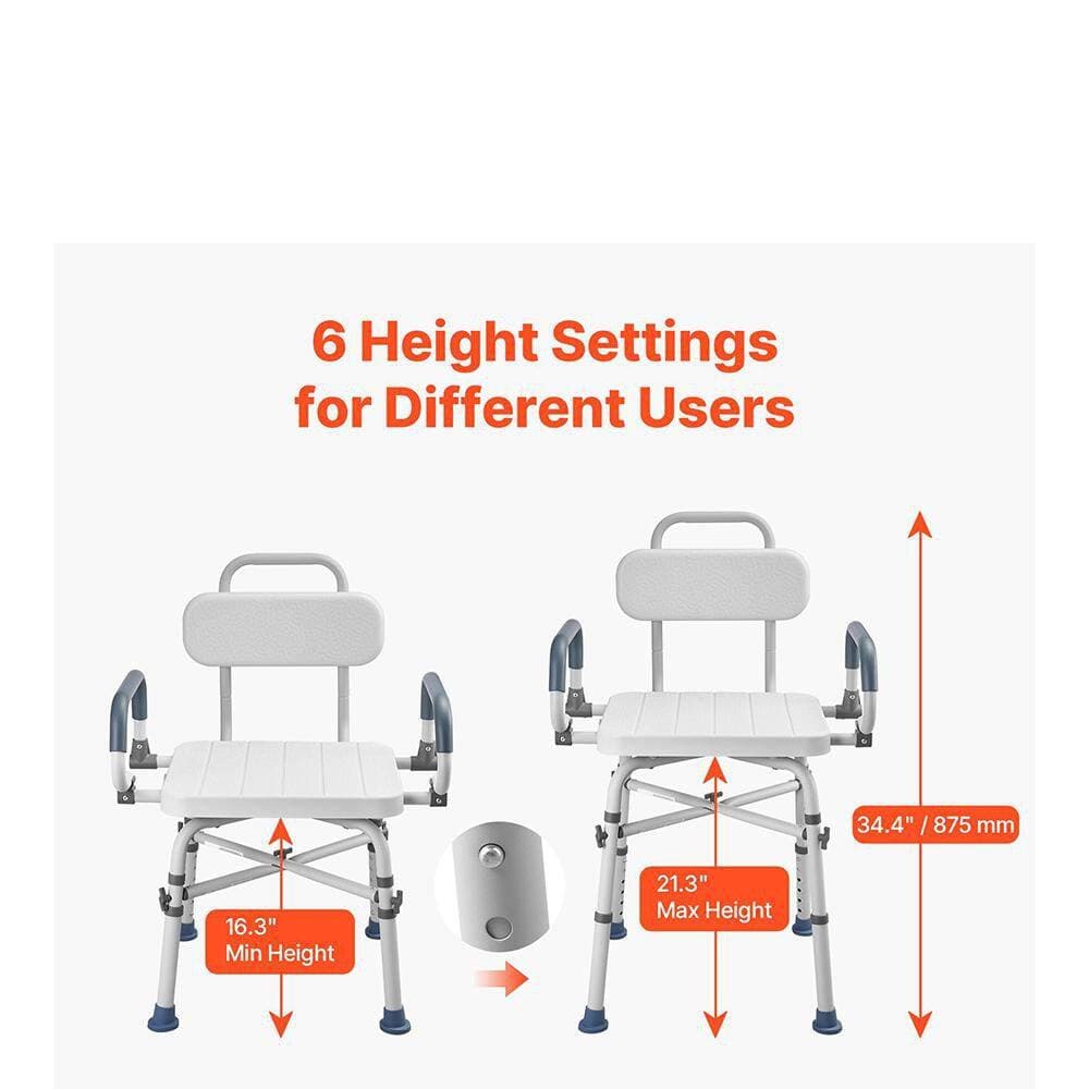 Tahanbath 13.78 in Free-Standing 360° Swivel Heavy Duty Walk In Shower Seat 500 lbs. with Arms and Backrest in White (3)
