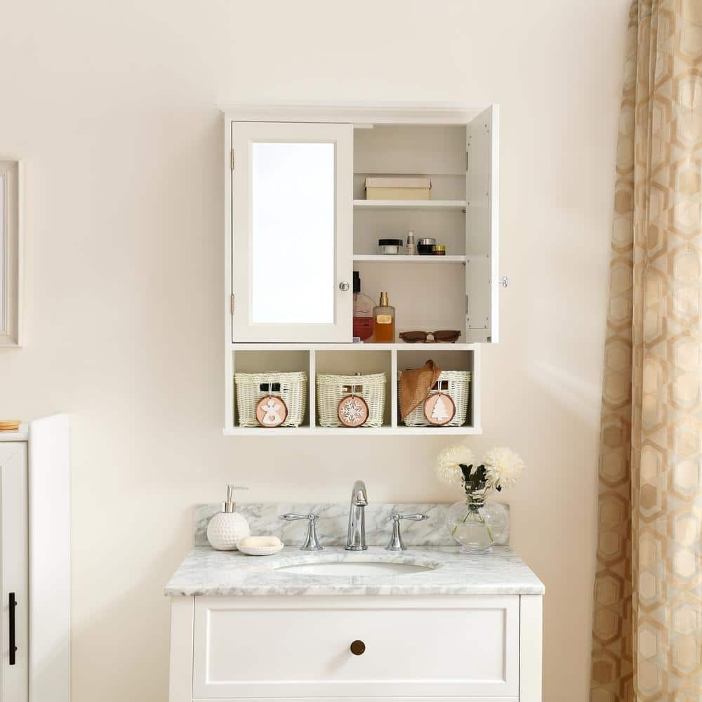 Unbranded 24.75 in. W x 7.5 in. D x 30.25 in. H Bathroom Storage Wall Cabinet in White with 3 Storage Basket, Mirror, Doors, Shelf (2)
