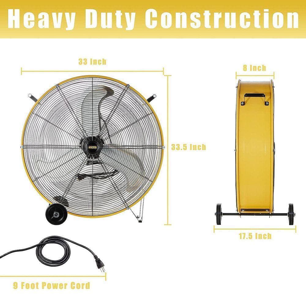 WOCK HICFM 30 in. Yellow Industrial Drum Fan, 13000 CFM, 3-Speed, 1/3HP Motor, 9 ft. Cord, Heavy Duty Floor Fan, UL Listed (3)