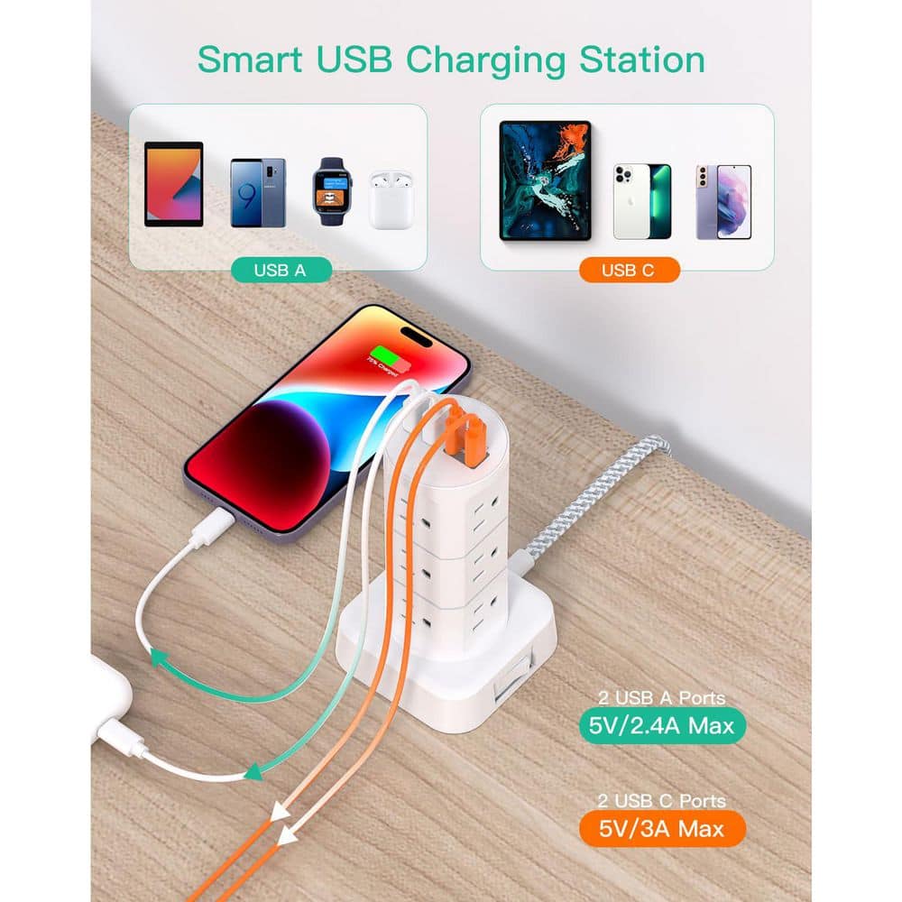 Unbranded 6 ft. Cord 12-Outlet 2 USB-A Ports 2 USB-C Ports Surge Protector with Overload Protection Flat Plug Tower (3)
