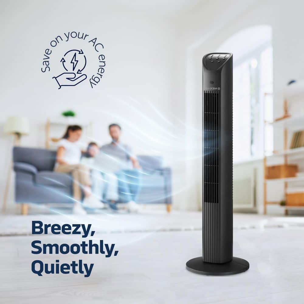 NEXAIR 5 in. 3 Speed Desk Fan 36 in. Black Oscillating Tower Fan Portable, Remote Control, Quiet, 8 Hr Auto Off (3)