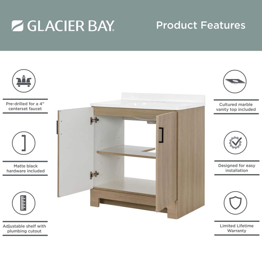 Glacier Bay Oakley 31 in. Single Sink Beige Oak Freestanding Bath Vanity with White Cultured Marble Top (Assembled) (4)