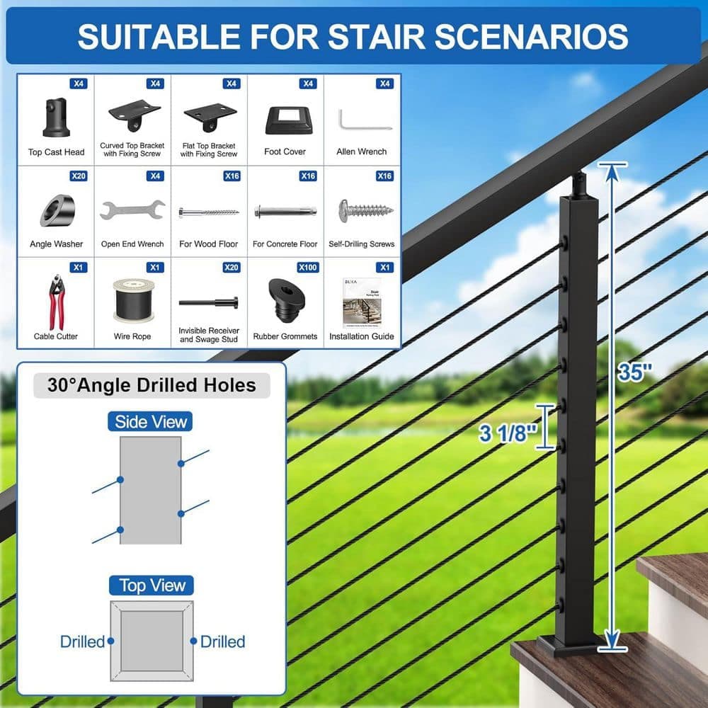 Afoxsos Stainless Steel Adjustable 2 in. x 35 in. Stair Cable Railing Kit 4 Pack 220 ft. Wire Rope Indoor Outdoor Use Black (3)