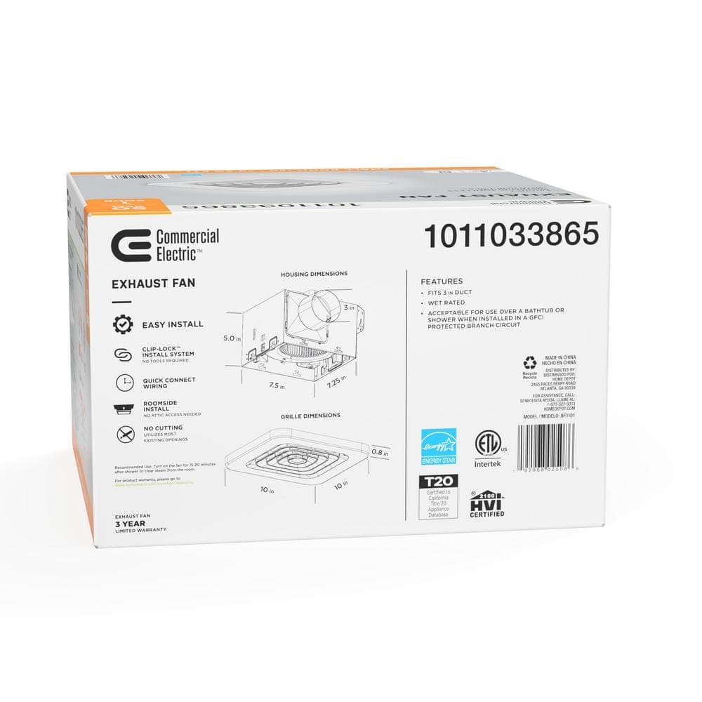 Commercial Electric 50 CFM Ceiling/Wall Mount No Cut Clip-Lock, Roomside Installation Square Bathroom Exhaust Fan, ENERGY STAR (3)