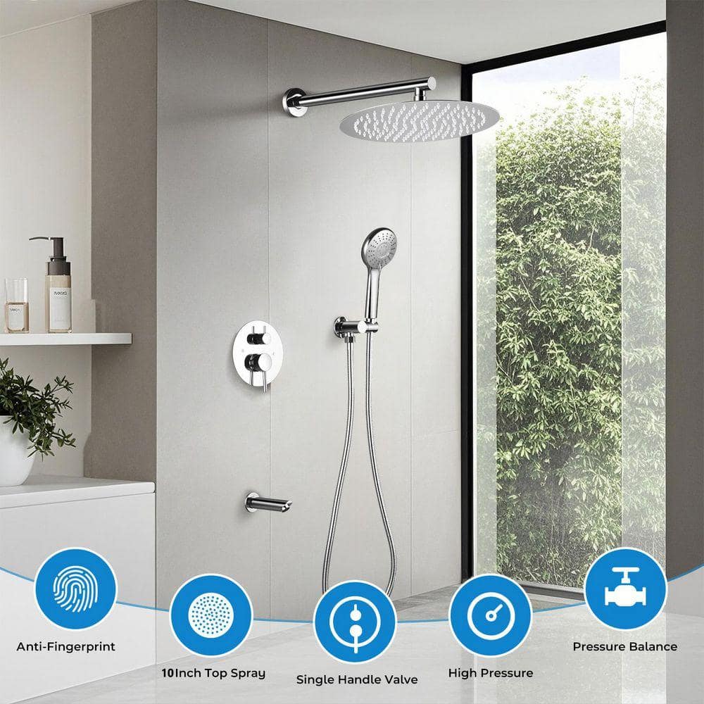 AKLFGN 2 Handle 3-Spray Tub and Shower Faucet with 10 in. Rain Shower Heads 2.0 GPM in Polished Chrome (Valve Included) (2)