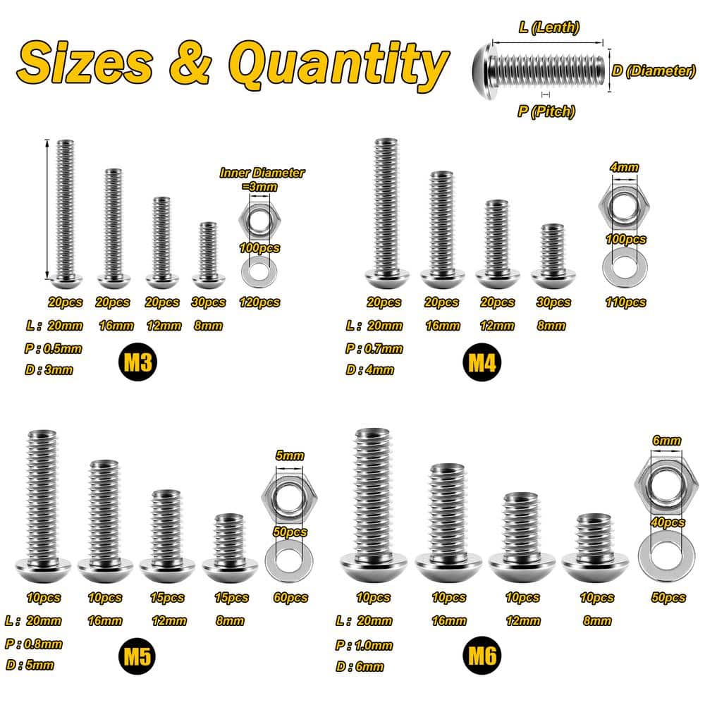 MYWISH 900-Piece Stainless Steel Button Head Hex Socket Screw Kit-M3, M4, M5, M6 Assortment with Nuts and Washers (3)
