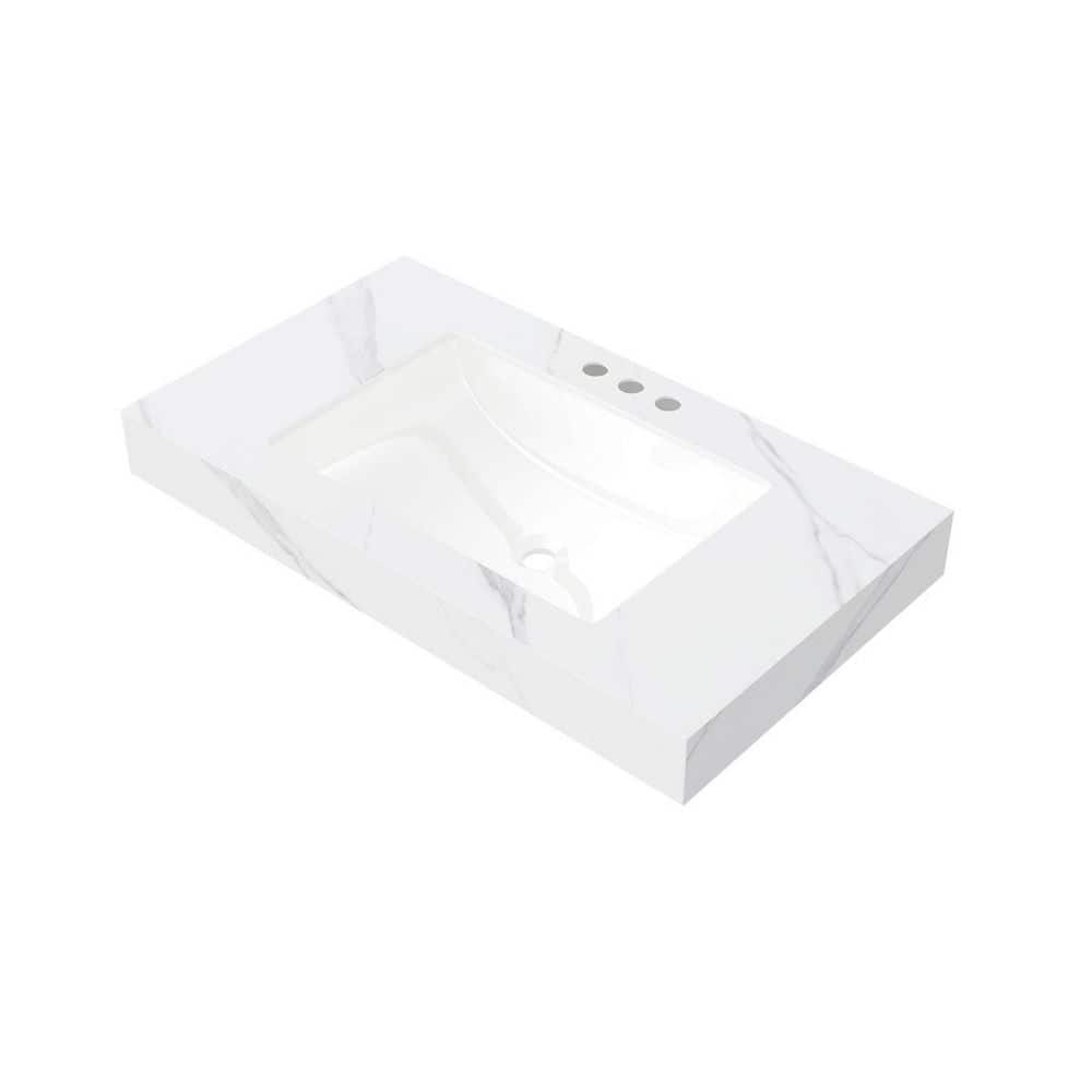 LIVACA 36 in. 18.9 in. Drop-In Sink Bathroom Sink in Carrara White Sintered Stone and Ceramic with Pre-Drilled Faucet Holes