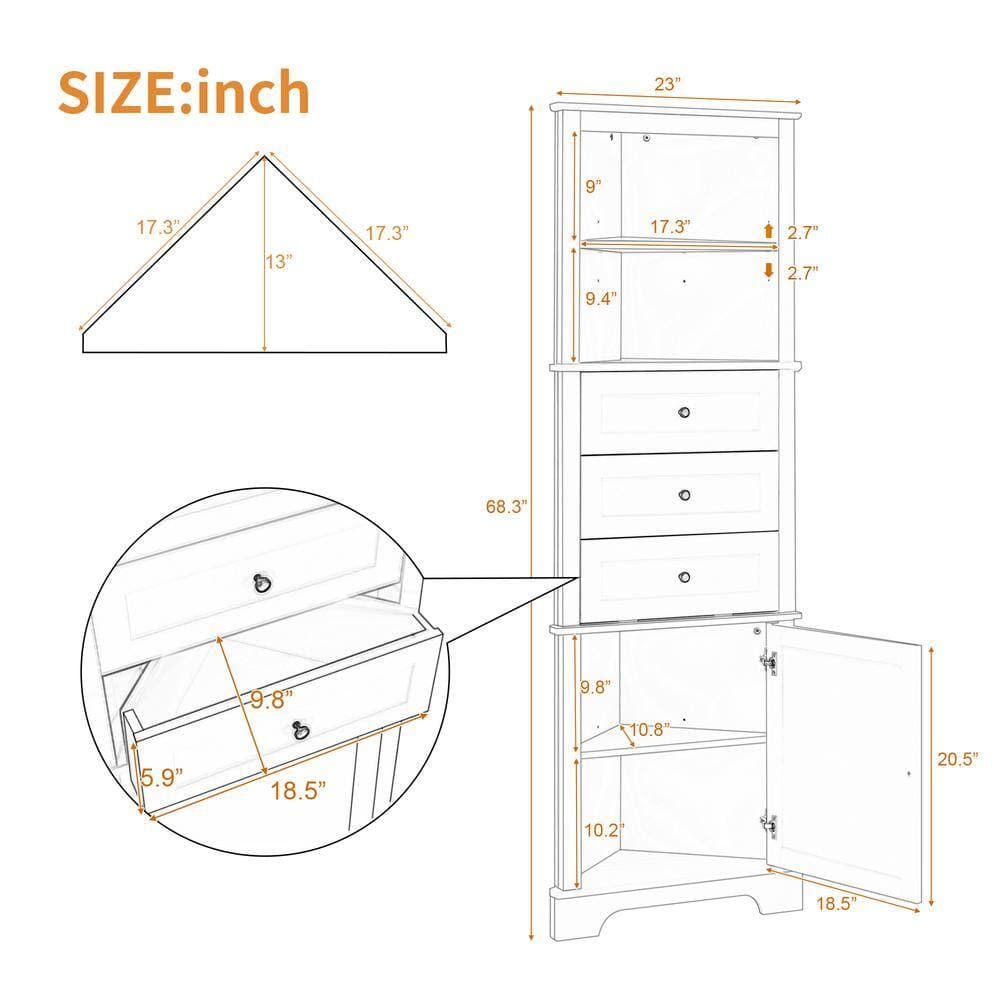 Unbranded 23 in. W. x 13 in. D x 68.3 in. H White Linen Cabinet Tall Cabinet with 3-Drawers and Adjustable Shelves for Bathroom (3)
