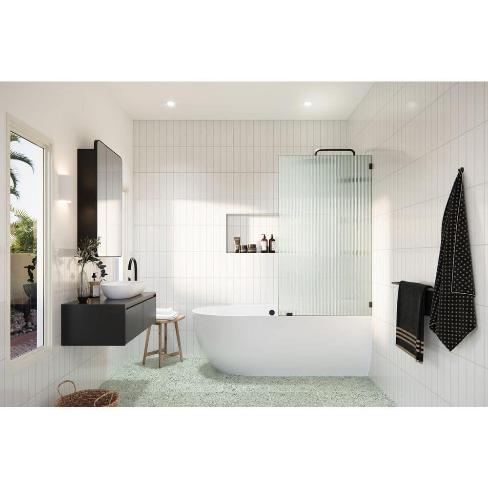 Glass Warehouse 34 in. x 58.25 in. Single Fixed Frameless Fluted Frosted Bath Panel Shower Tub Door (3)