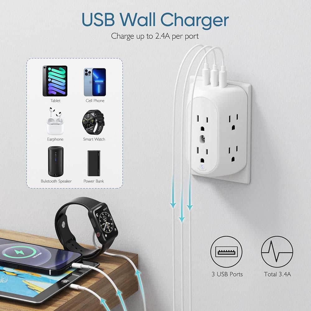 Yichuhaoxi 2 Prong to 3 Prong Outlet Extender 6-Outlet 3-Ports Surge Protector with Wide Spaced Outlets and Grounding Protection (3)