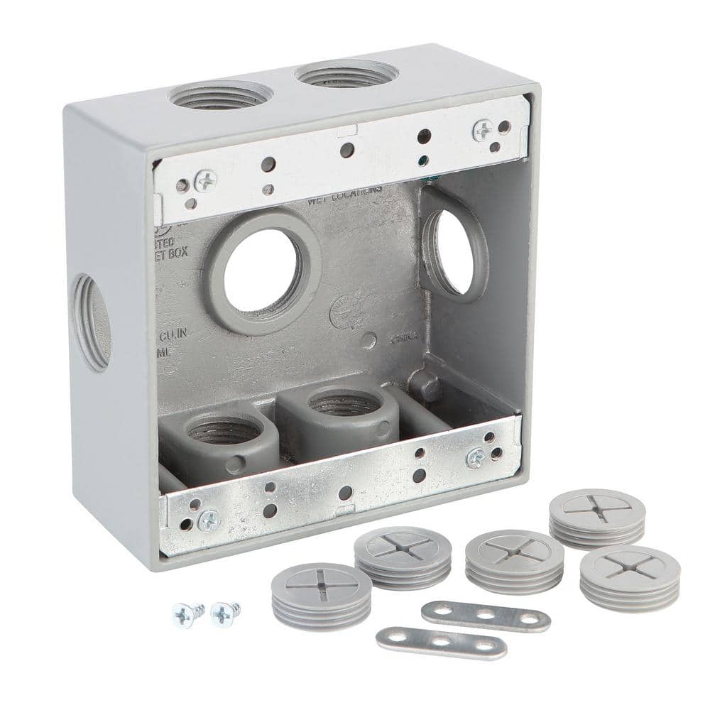 Commercial Electric 2-Gang Metallic Weatherproof Outlet Box with (7) 3/4 in. Holes and Side Lugs, Gray