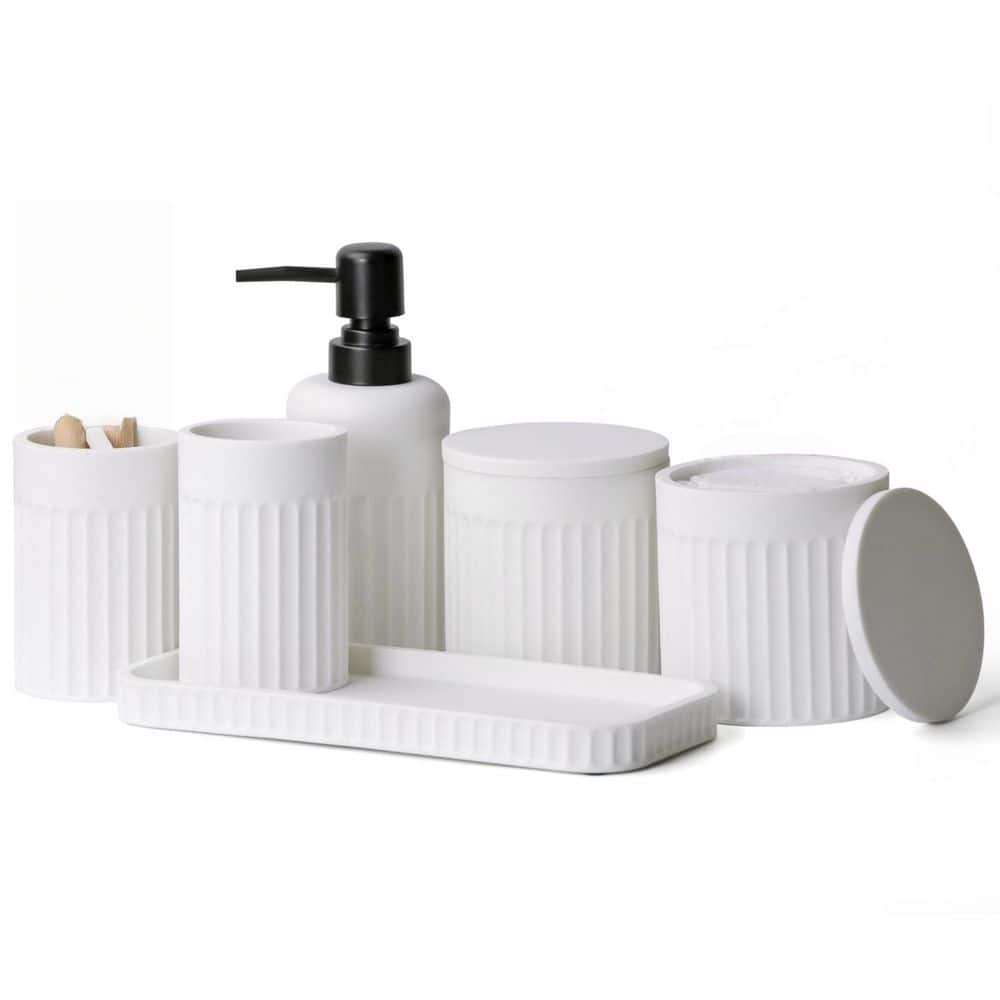 Wudkey 6-Piece Bathroom Accessory Set with Soap Dispenser, Toothbrush Holder, Tumbler, Vanity Tray and 2 Qtip Holders in White