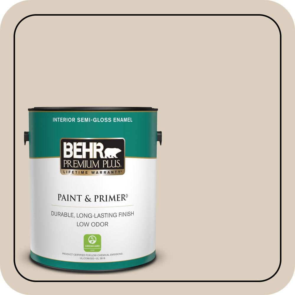 BEHR PREMIUM PLUS 1 gal. #OR-W07 Spanish Sand Semi-Gloss Enamel Low Odor Interior Paint & Primer