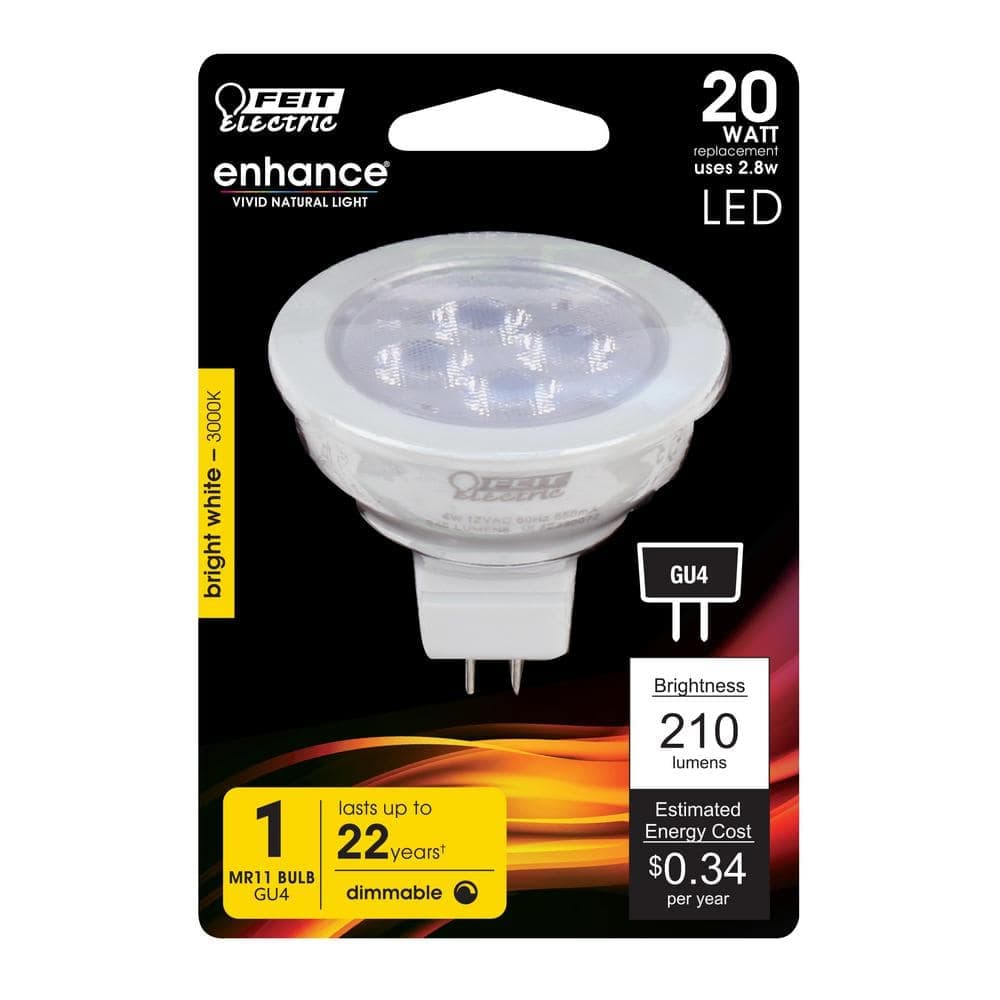 Feit Electric 20-Watt Equivalent MR11 GU4 Bi-Pin Dimmable 12-Volt Track Lighting 90+ CRI LED Flood Light Bulb, Bright White (4)