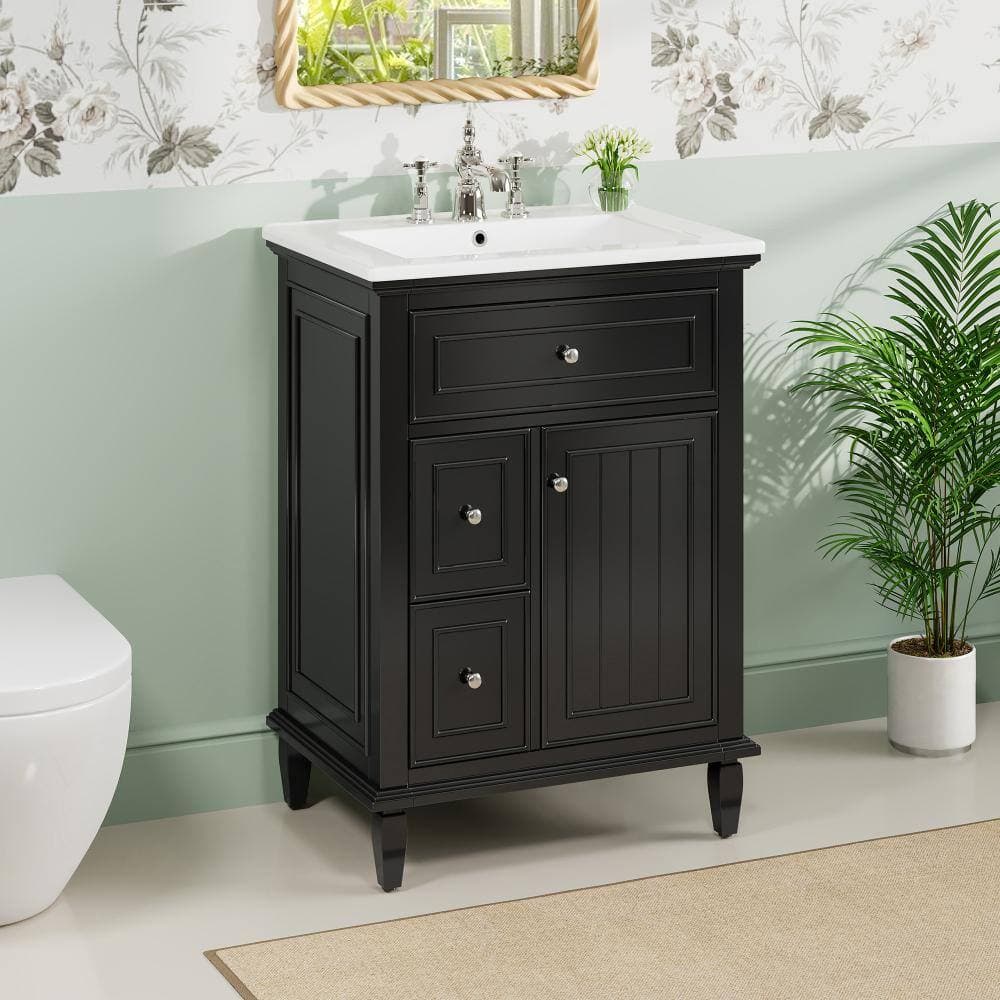 Flynama 24" Black Vanity Sink, Flip Drawer+2 Drawers, Adjustable Shelf (3)