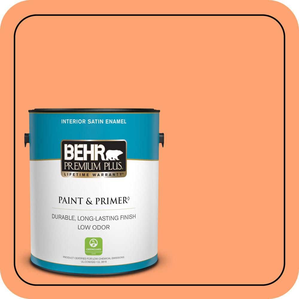 BEHR PREMIUM PLUS 1 gal. #P210-5 Cheerful Tangerine Satin Enamel Low Odor Interior Paint & Primer