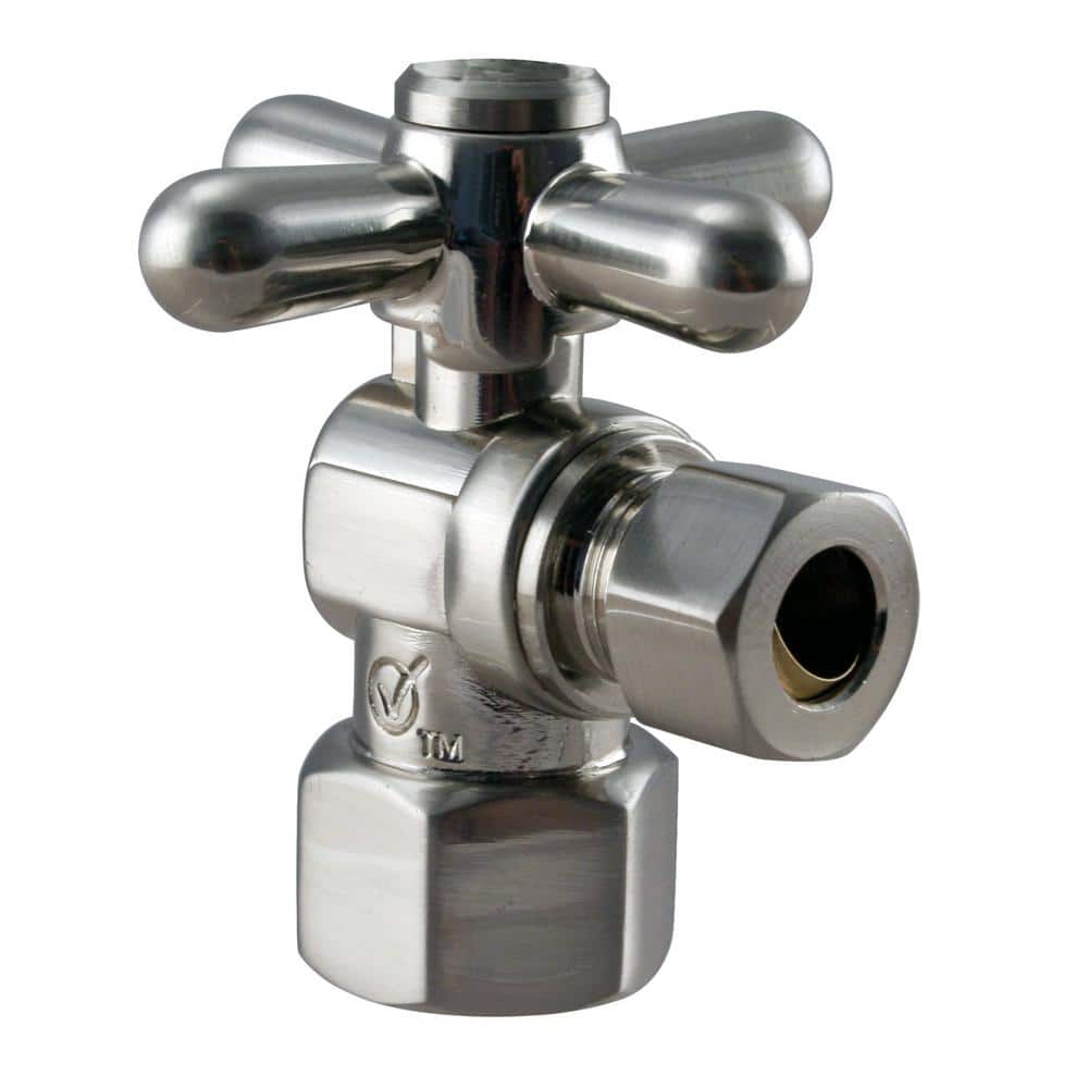 Westbrass 1/4-Turn Cross Handle Angle Stop Shut Off Valve, 1/2" IPS x 3/8" OD Compression Outlet, Satin Nickel (1)