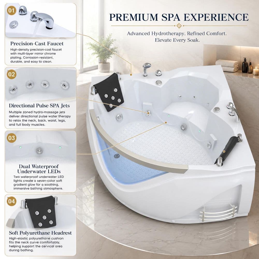 AVAXA 59 in. x 59 in. Acrylic Corner Whirlpool Bathtub w/ Left Drain, 6-Hydromassage Jets,and Pneumatic Controls in Milk White (3)