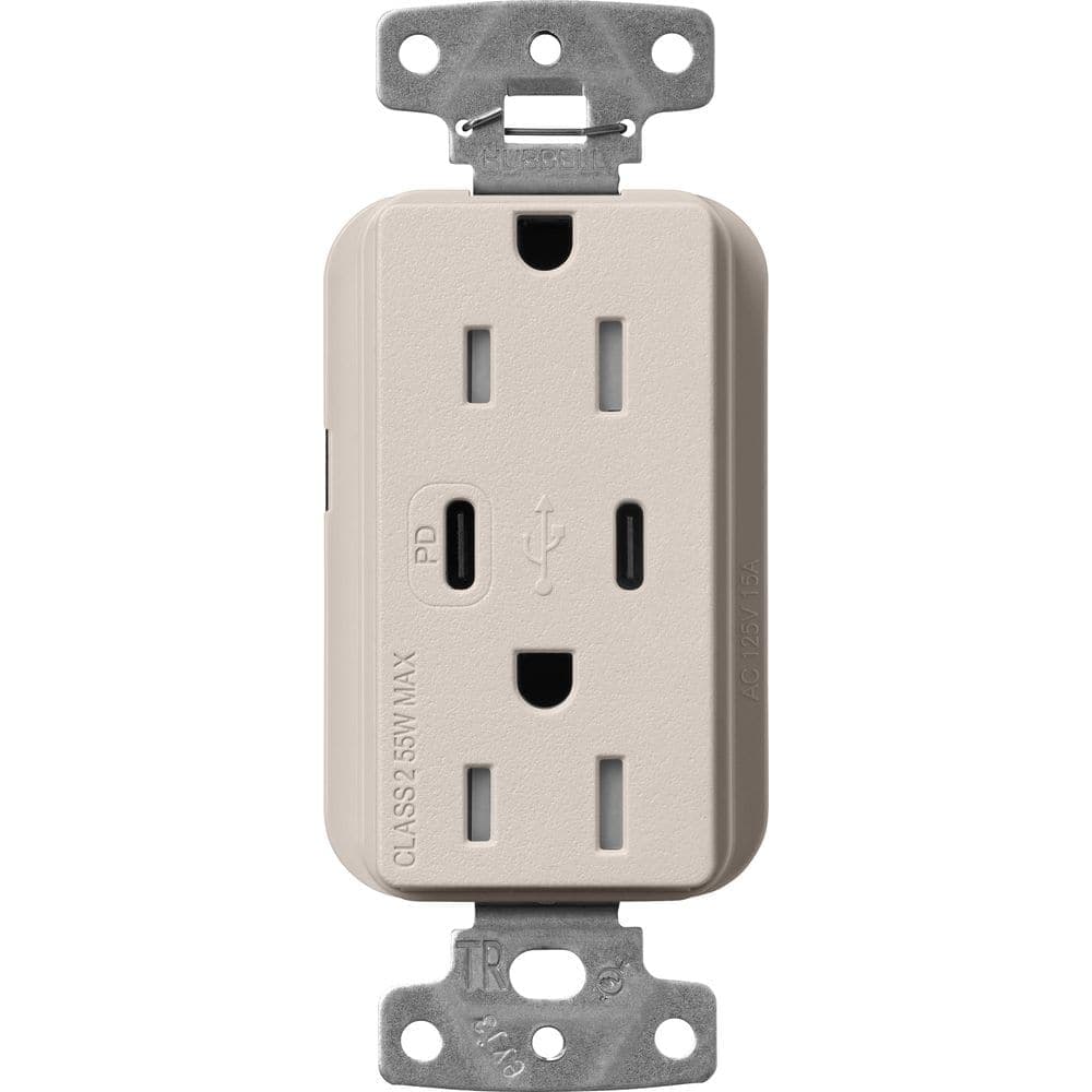 Lutron Claro 15 Amp Tamper Resistant USB Type C Duplex Receptacle, Decorator Style Outlet, Satin Finish, SCR-15-CCTR-TP, Gray (1)