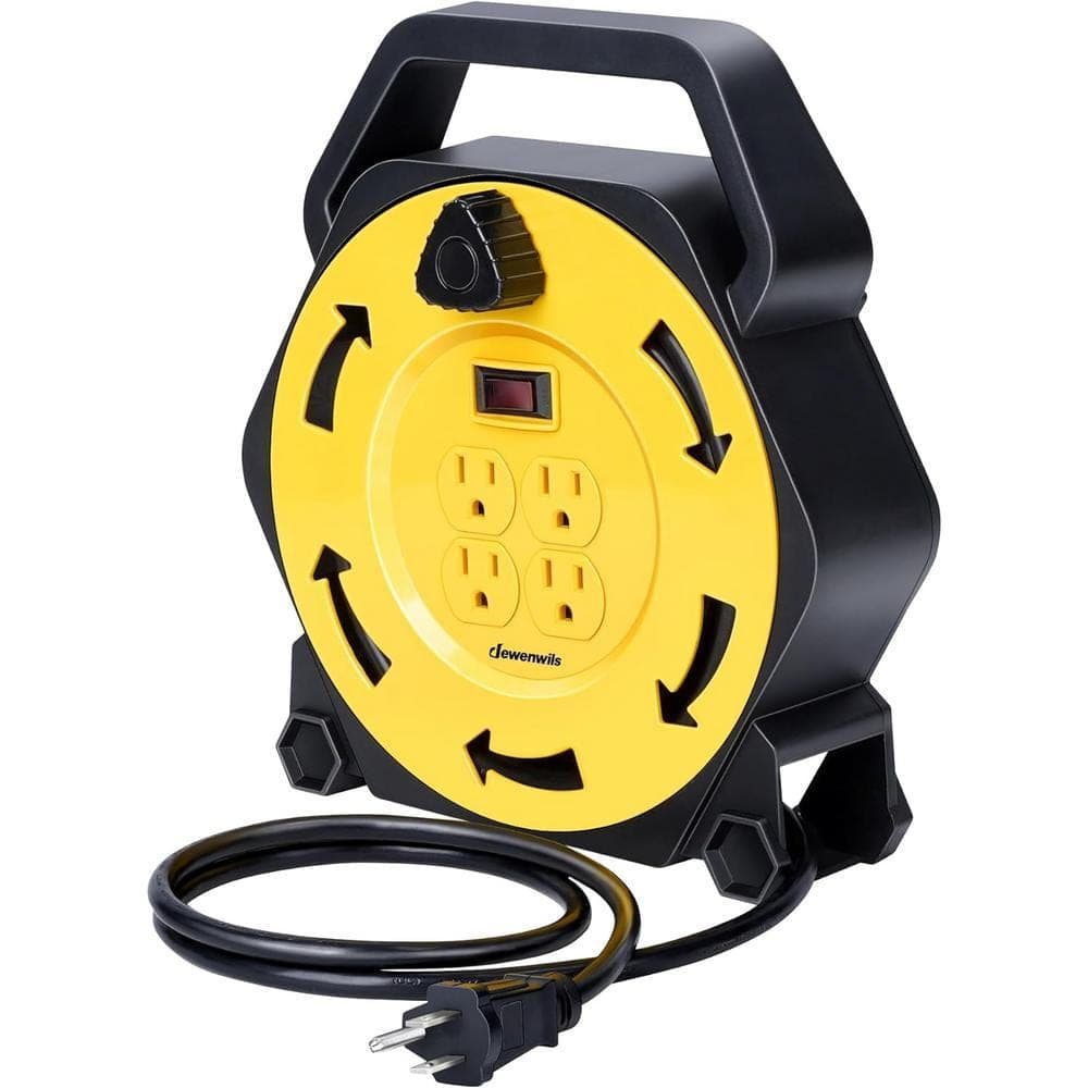 DEWENWILS 16/3 SJTW 13 Amp Hand Wind Retractable Extension Cord Reel with 4 Grounded Outlets, Yellow & Black (1)