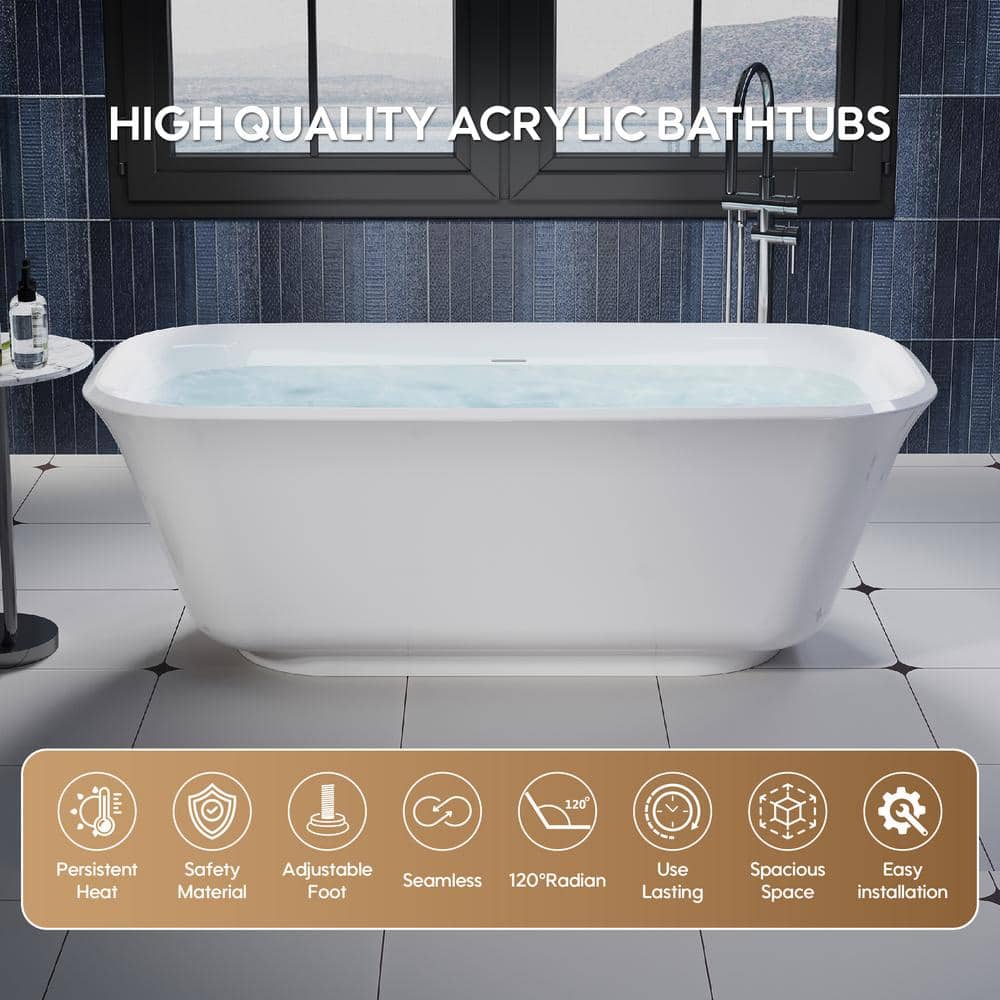 WELLFOR Regal 67 in. x 31.5 in. Soaking Bathtub with Center Drain in Glossy White Freestanding 100% Pure Virgin Acrylic Bathtub (2)