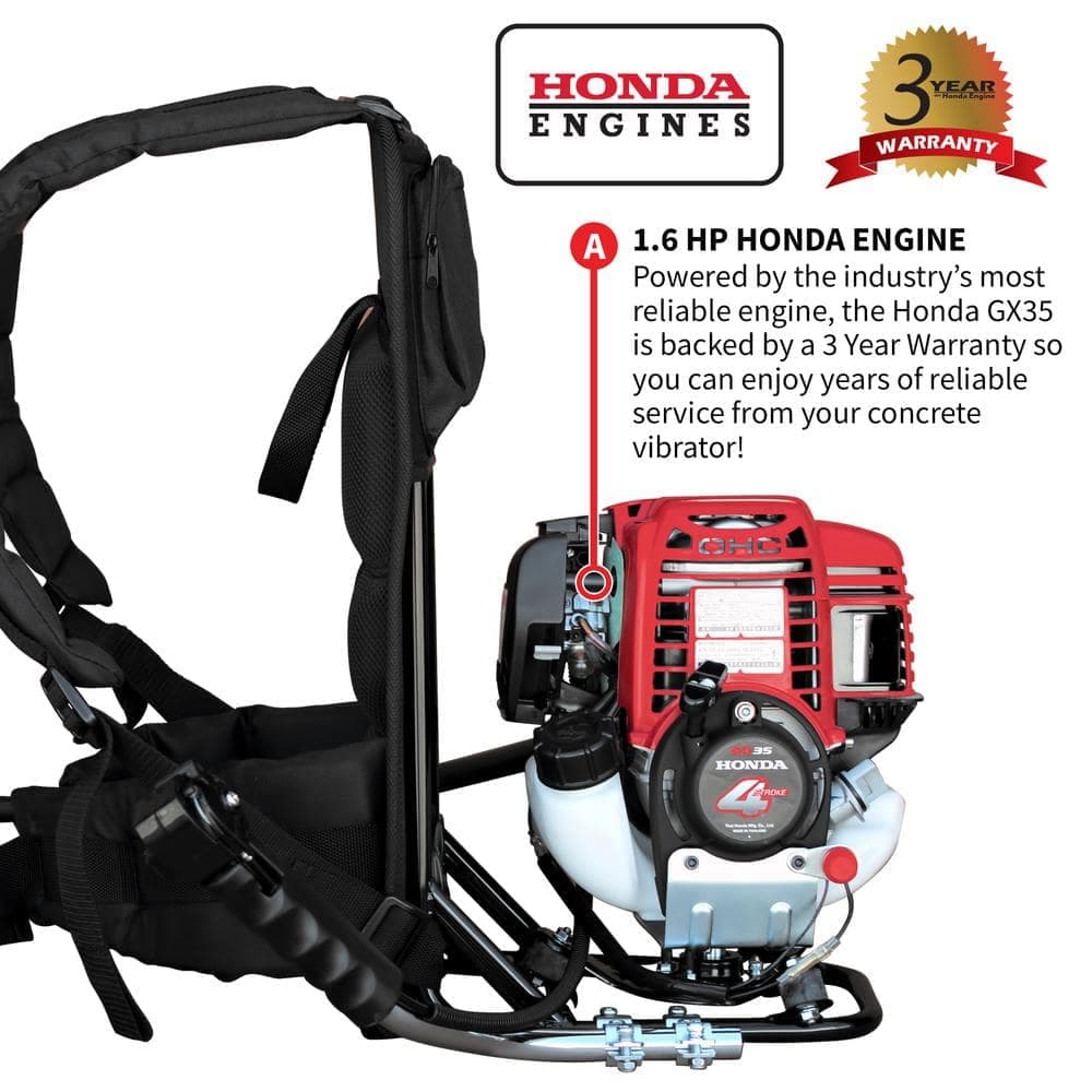 Tomahawk Power 1.6 HP Honda Gas Powered Concrete Vibrator with 10 ft. Flex Shaft Cable Whip Backpack 12000 VPM (3)