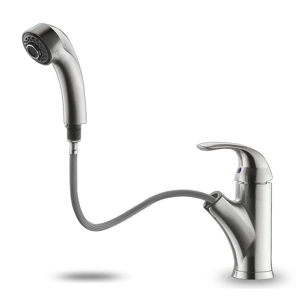 Wudkey 1-Piece Faucet with Pull Out Sprayer Included, Single Handle 1 Hole 2 Modes, 150°Rotation, No Lead in Brushed Nickel (1)