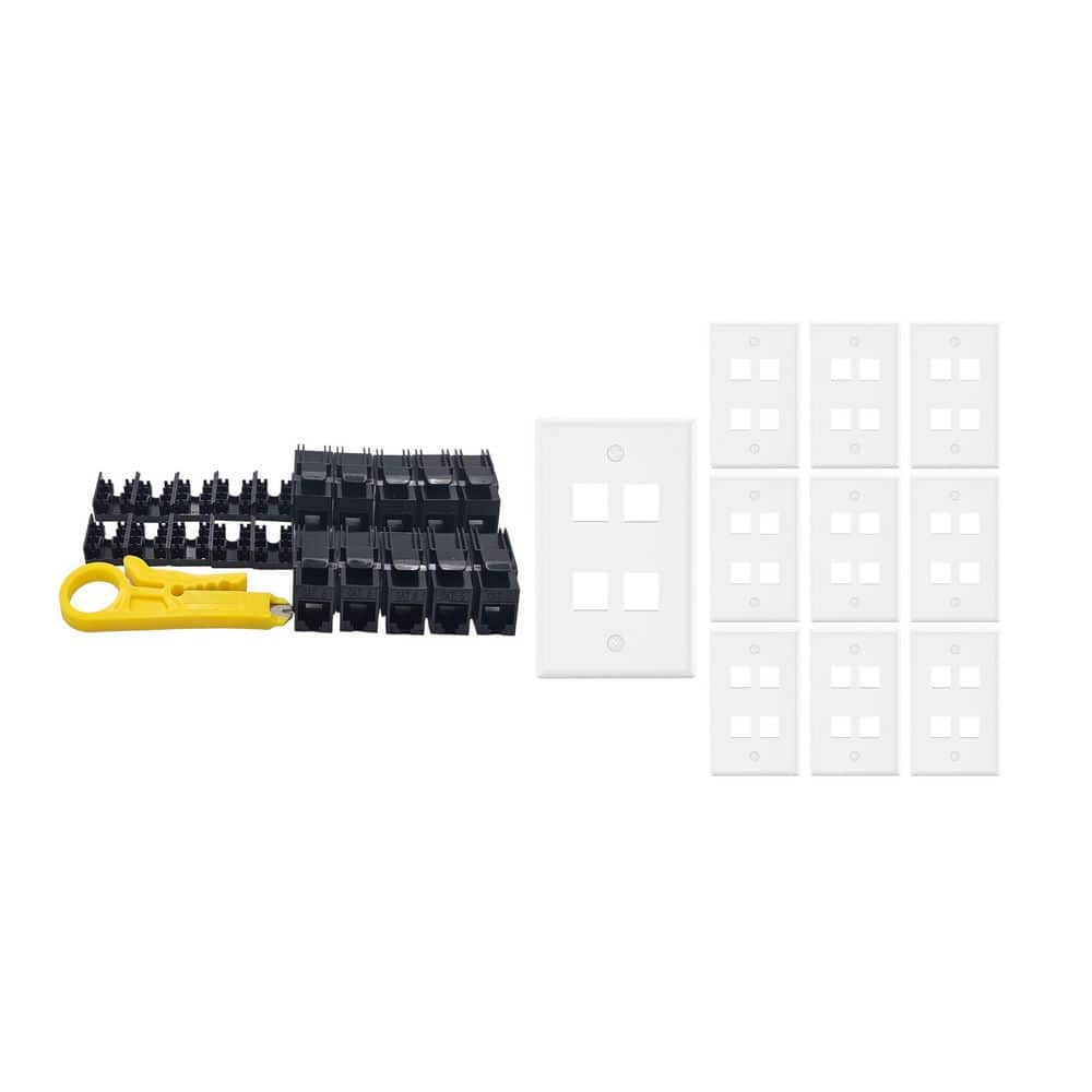 Micro Connectors, Inc 10-Pack 1-Gang White Keystone Plastic Wall Plates 4-Port and 10 Cat 6 RJ45 Keystone Jacks Black (1)