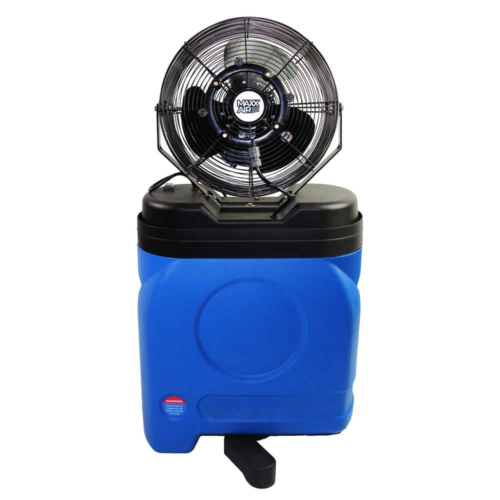 Maxx Air 14 in. 3-Speed Portable Mid-Pressure Cooling Misting Personal Fan in Blue with 20 Gal. Water Tank
