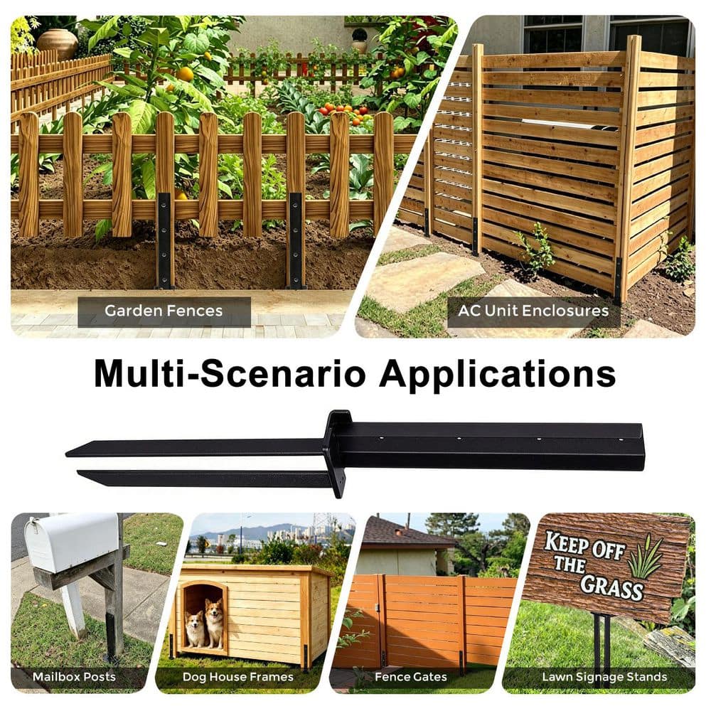 Wellco 2 Pack Black Heavy-Duty Fence Post Anchor Repair Kit with Metal Ground Spike Depth Inground Fence Post Stakes (3)