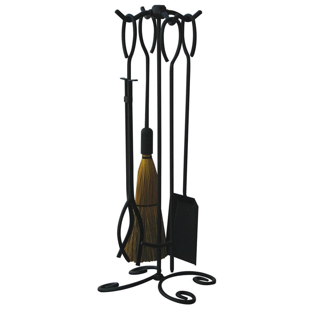 UniFlame Black Wrought Iron 5-Piece Fireplace Tool Set with Ring Handles and Heavy Weight Steel Construction