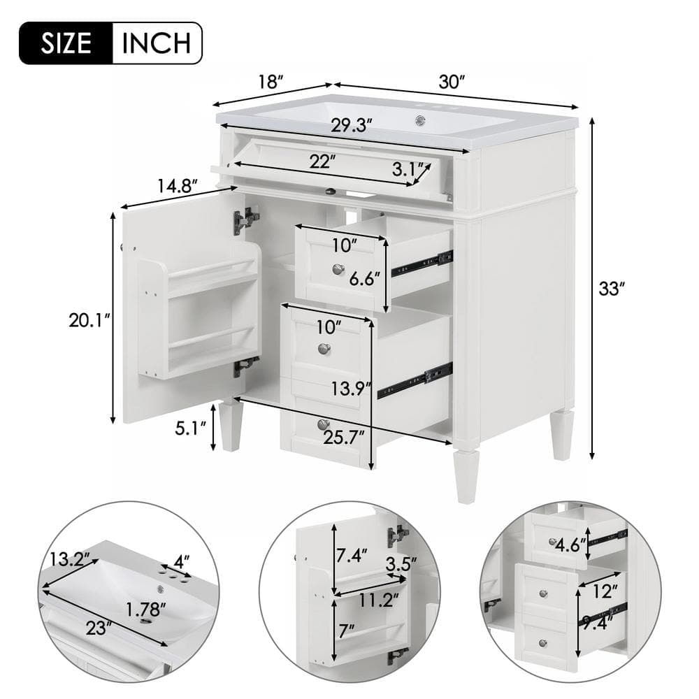 Adrinfly 30 in. W x 18 in. D x 33 in. H Bath Vanity Bathroom Storage Cabinet with Top Single Sink and Tip-out Drawer in White (2)