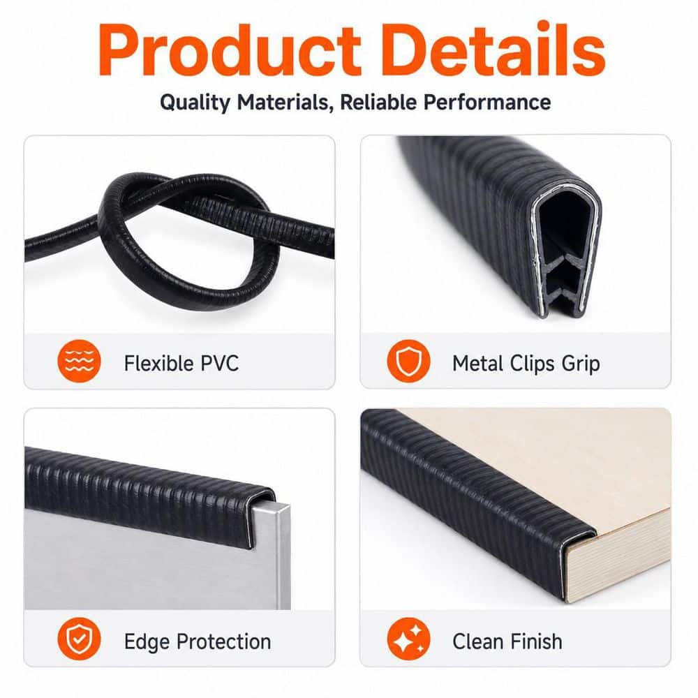 Numhew 10 ft. U Channel Edge Trim with Metal Clips Edge Guard Protector, PVC Rubber Seal Strip for Sheet Metal, Car Door, Black (3)