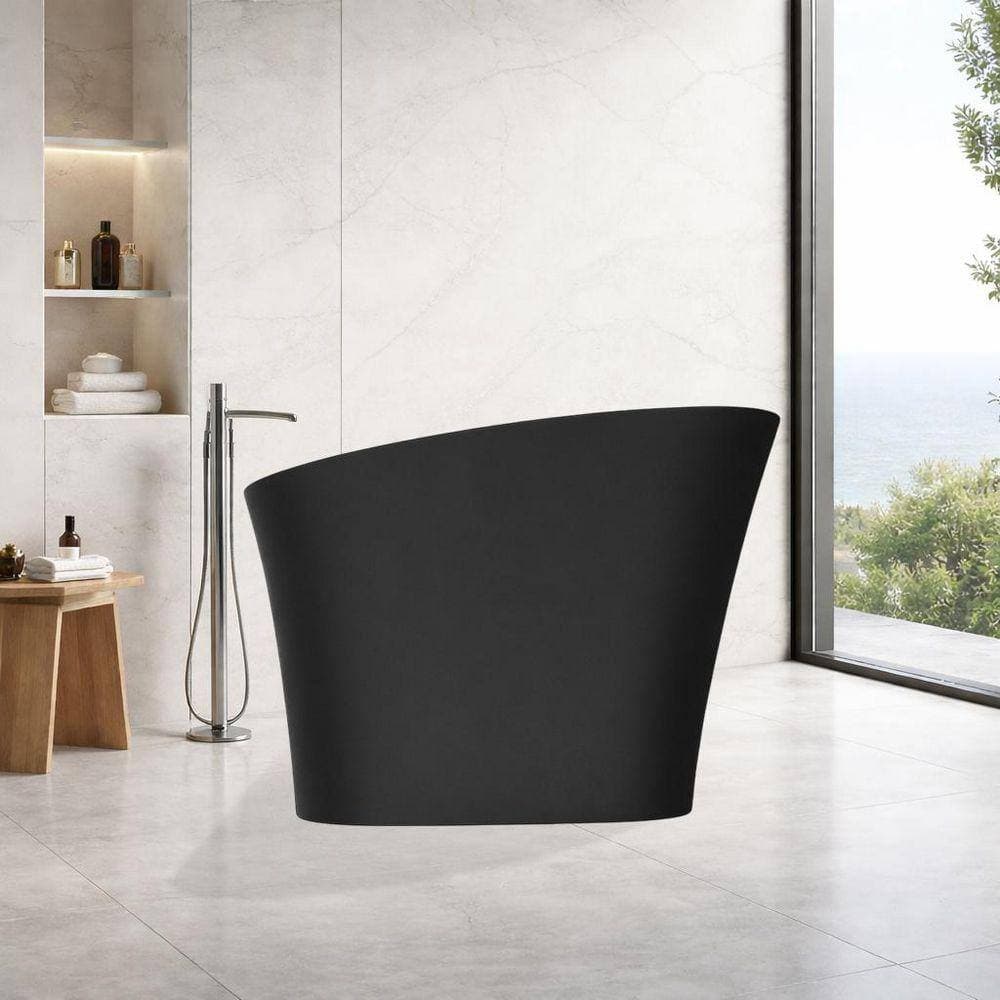 castellousa Modern 47 in. x 23 in. Japanese Soaking Solid Surface Bathtub with Stool in Matte Black (1)