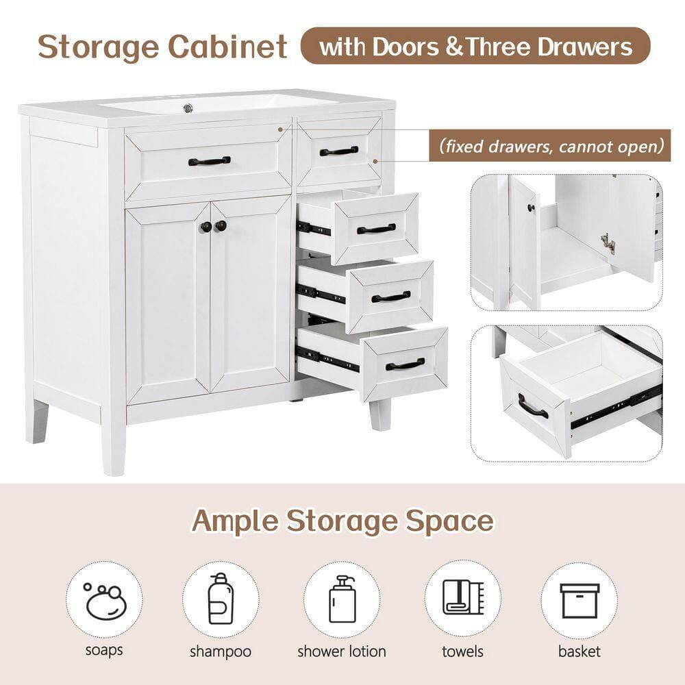 VANITYFUS 35.5 in. W x 17.7 in. D x 35 in. H Bath Vanity Cabinet without Top in White with Drawers (3)