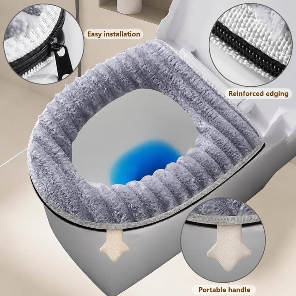 Unbranded Gray Plush Toilet Seat Warmer Cover with Zipper Snap Closure Washable Fiber Fits U O V Type Seats (3)