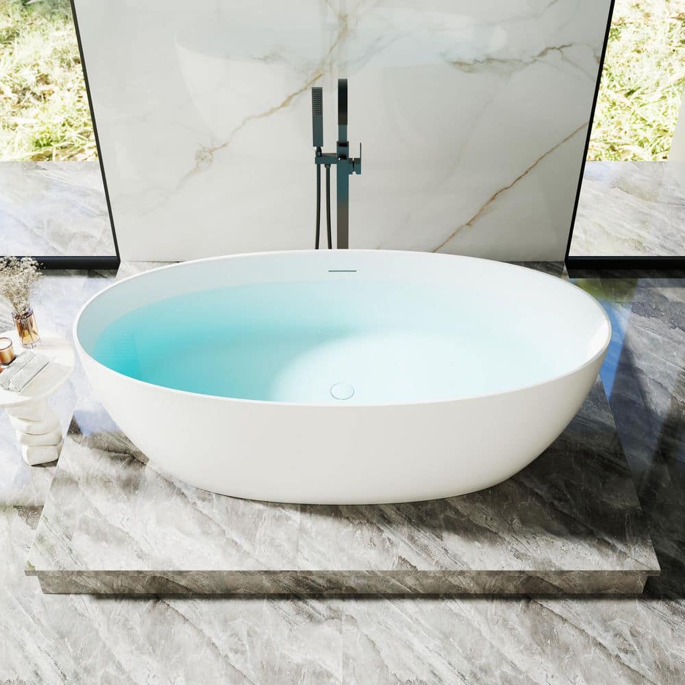 ANGELES HOME 67 in. x 32 in. Soaking Stone Resin Solid Surface Flatbottom Freestanding Bathtub with Center Drain in Matte White (2)
