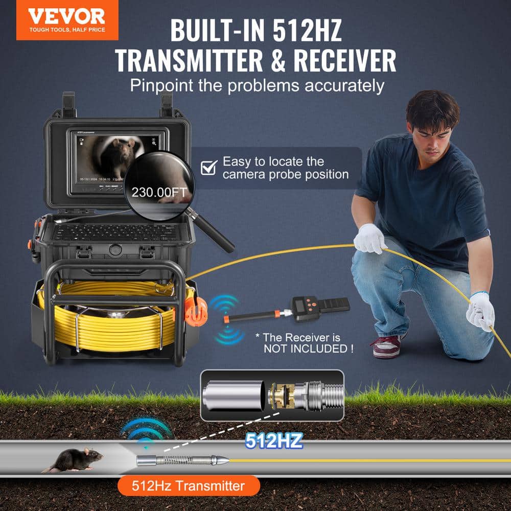 VEVOR Sewer Camera 230 ft. /70 m, Self-Leveling Drain Camera with 512Hz 1080P HD 9 in. Screen Sewer Camera (2)