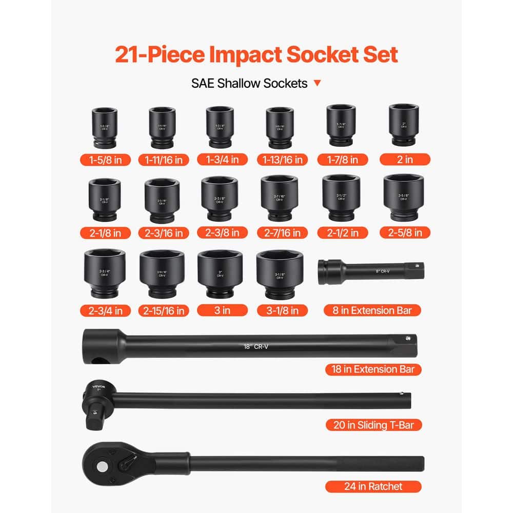 VEVOR 21-Piece 1 in. Drive Impact Socket Set, SAE (1-5/8 in. to 3-1/8 in. ), Cr-V Steel, with Extensions, Ratchet, and Case (3)