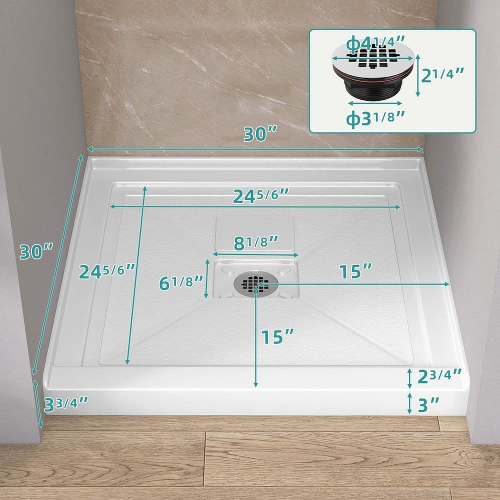 Getpro 30 in. L x 30 in. W Alcove Shower Pan Base with Center Drain Hole and Magnetic Cover in White Square Shower Base (2)
