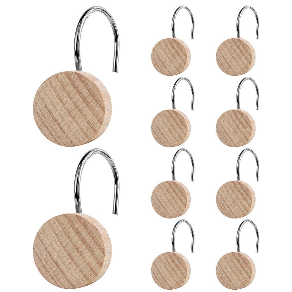 KHKFY 12-Piece Round Wood and Metal Decorative Shower Curtain Hooks Rings for Bathroom Silver Modern Style (1)