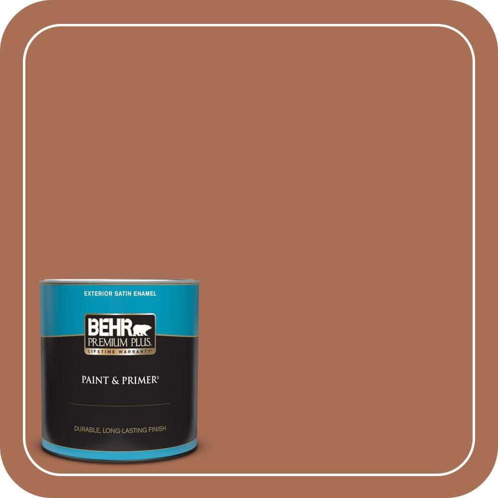 BEHR PREMIUM PLUS 1 qt. #MQ1-28 Orange Flambe Satin Enamel Exterior Paint & Primer