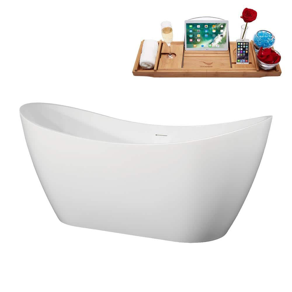 Streamline 63 in. x 31 in. Acrylic Freestanding Soaking Bathtub in Glossy White With Matte Black Drain, Bamboo Tray (3)