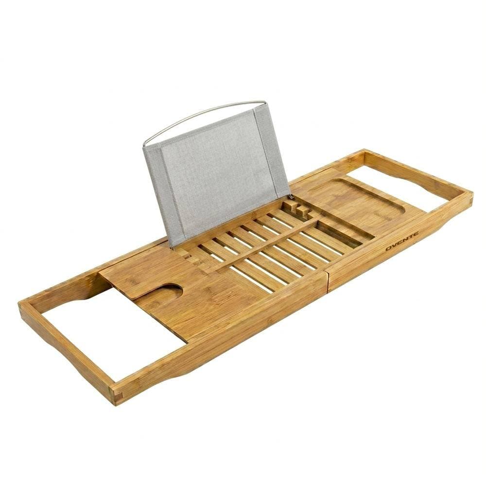 Unbranded OVENTE Bamboo Bathtub Tray Caddy, Expandable Wooden Tub Board with Book, Tablet, Phone, Wine Glass Holder BTC20228