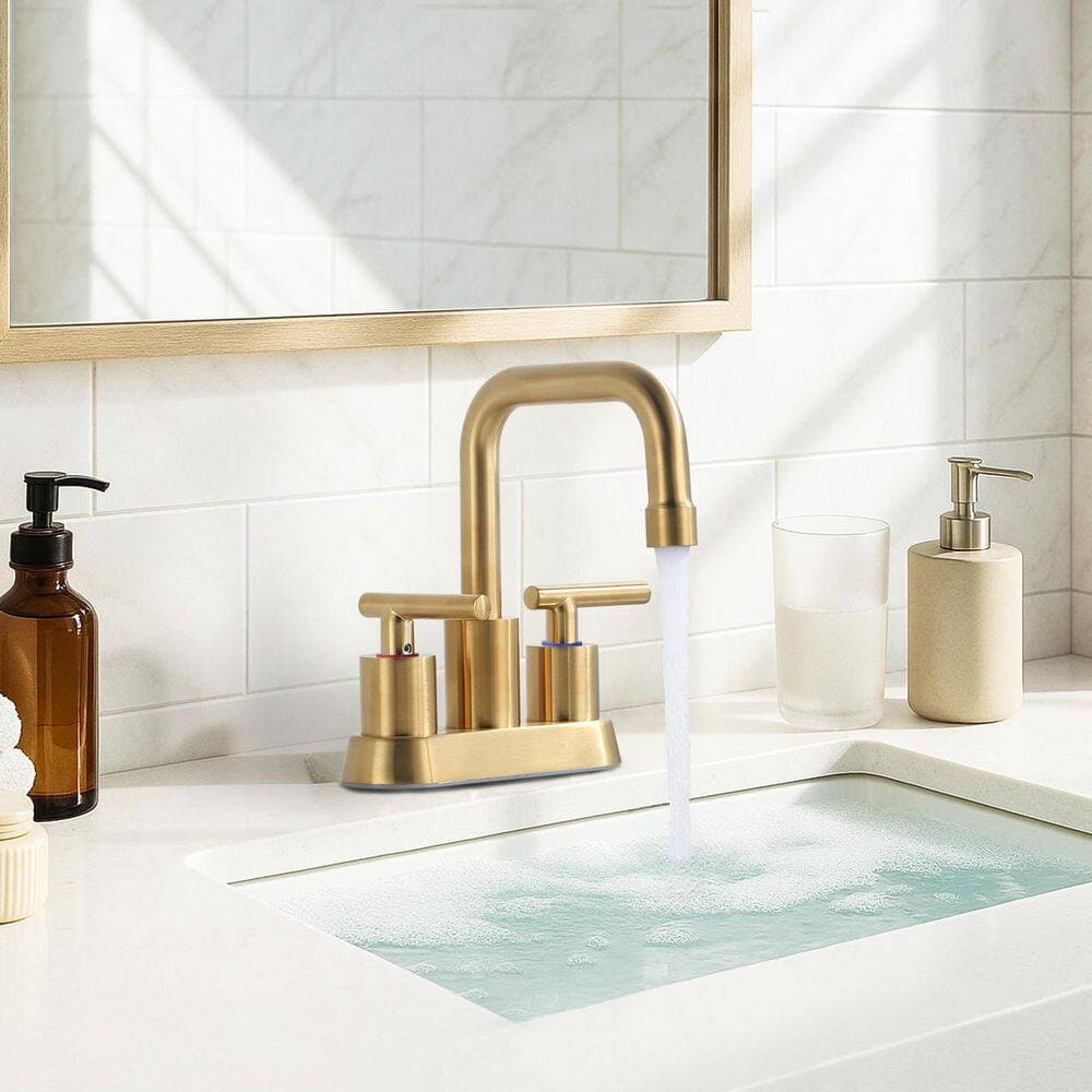 WOWOW 4 in. Centerset Double Handle 360° Rotation Spout Bathroom Faucet with Drain Kit Included in Gold (2)