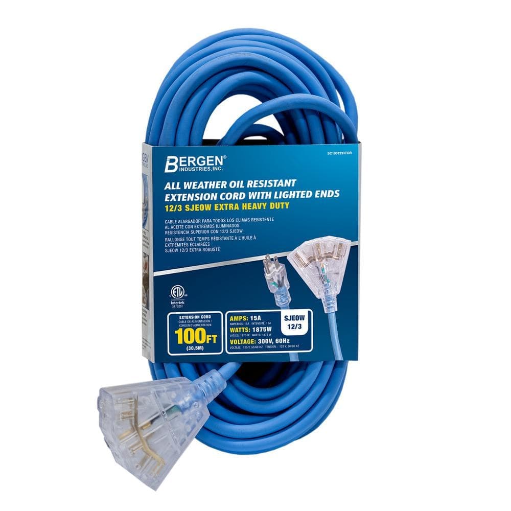 Bergen Industries 100 ft. 12/3 SJEOW 15 Amp/300-Volt All Weather Heavy-Duty Farm and Shop Extension Cord with Triple Tap Lighted End (1)