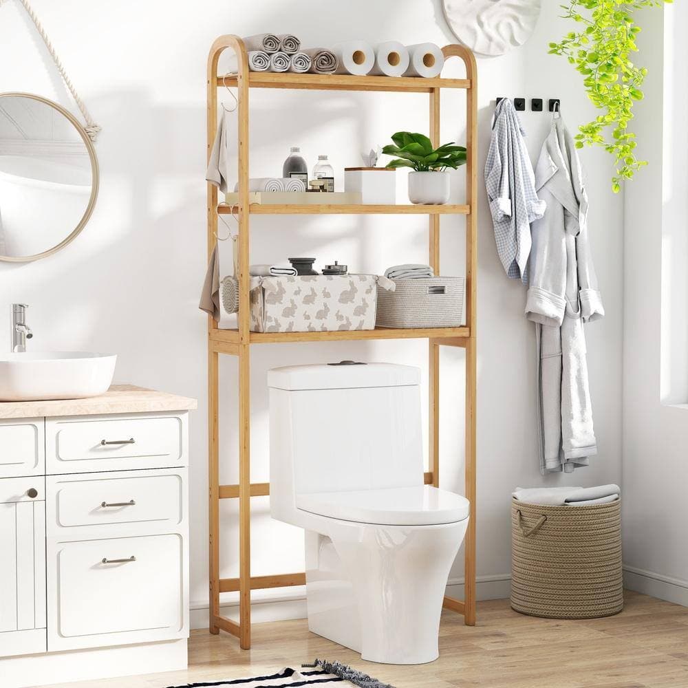 HONGGE 3-Tier Bamboo Over-the-Toilet Storage Rack 5-Position Shelves 44 lb. Per Tier with 3 Hooks (3)