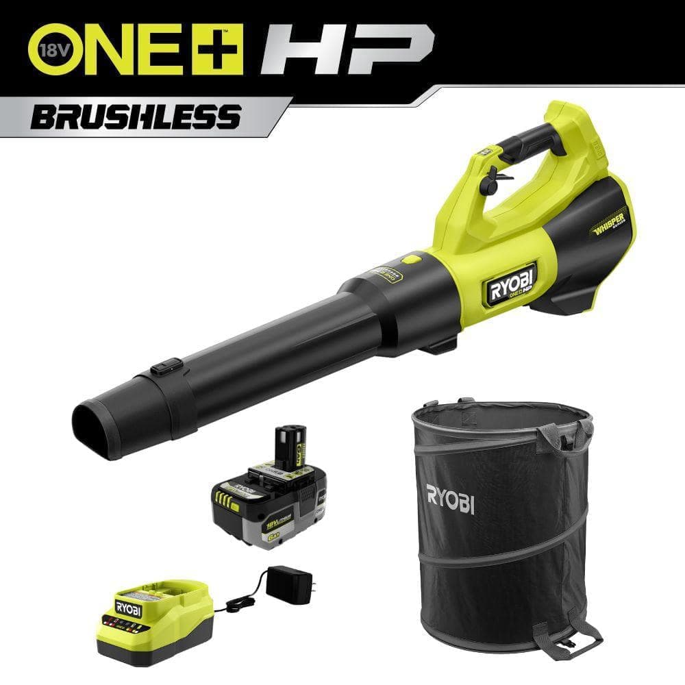 RYOBI ONE+ HP 18V Brushless Whisper Series 130 MPH 510 CFM Cordless Blower and Lawn & Leaf Bag w/6.0 Ah Battery & Charger