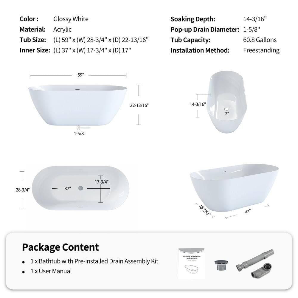 CASAINC 59.06 in. x 28.74 in. Acrylic Soaking Bathtub in White with Center Drain (3)
