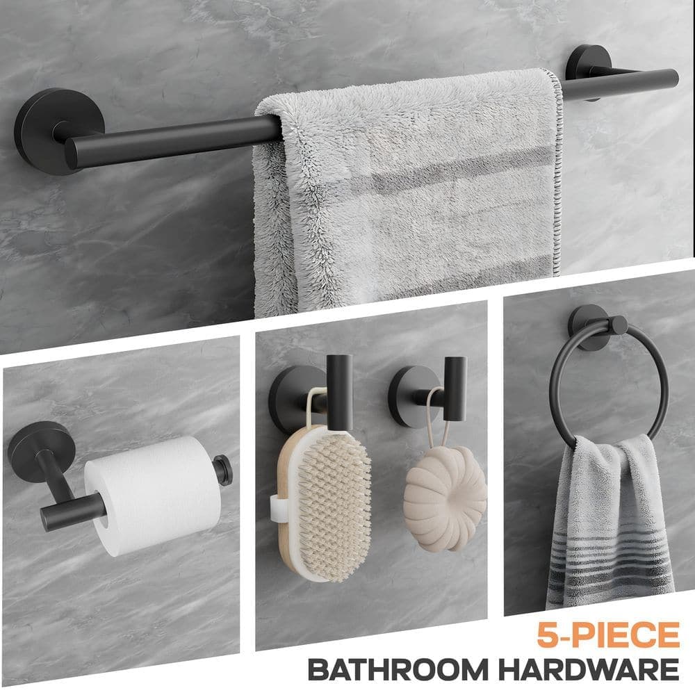 Peorsily 5-Piece Bath Hardware Set with Towel Bar Hand Towel Holder Toilet Paper Holder Towel Hook Modern Square in Matte Black (3)